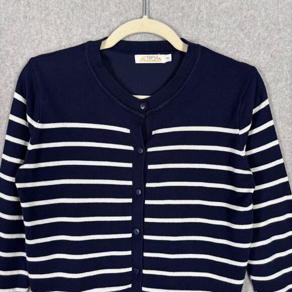 Cardigan Sweater Small Navy Striped Button Thin Sailor Basic Capsule Church - Picture 2 of 9